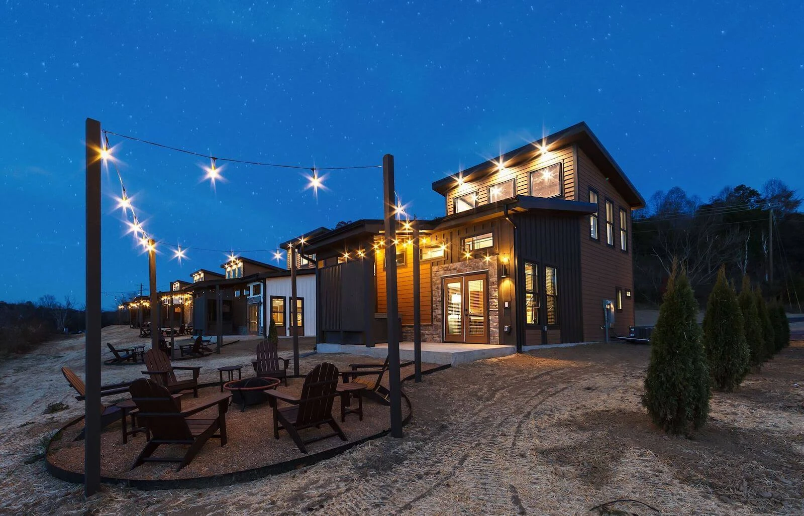 exterior of Goose Gap Smoky Mountain cabin at night